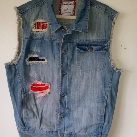 PARISH NATION Men's 3XL Distressed Denim Cut-Off Vest Moto - Picture 4 of 7